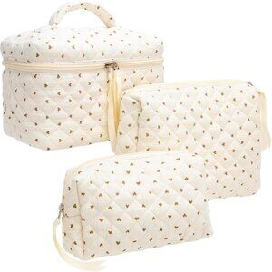 3PCS Makeup Bag SET Large Travel Quilted Zipper Soft Cosmetic Case Pouch for Wom